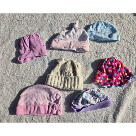 Lot Of 7 Baby Girl Hats Sizes Newborn- 6 Months Summer Sunhat Winter Beanie Cute - Picture 6 of 11